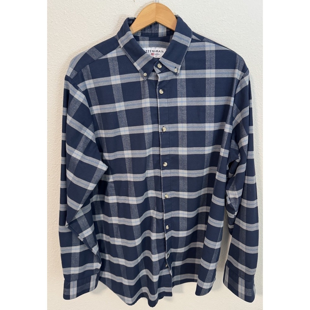 Mizzen Main Shirt Men's XL Flannel‎ Plaid Blue Gray Stretch Classic Warm EUC